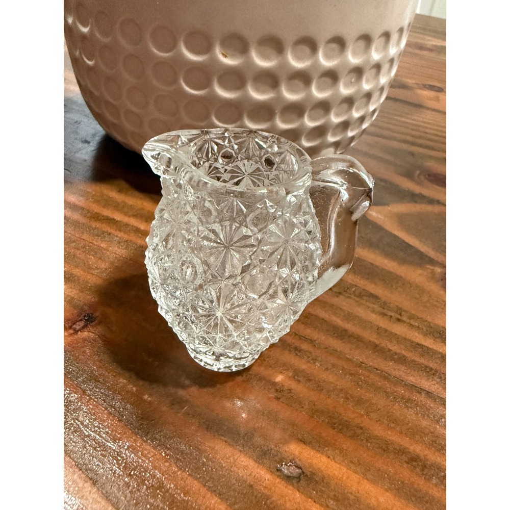 Vintage Miniature Clear Pressed Glass Pitcher Starburst Diamond Point Creamer